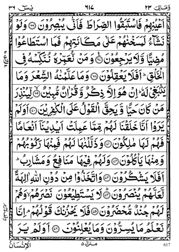 Surah Yaseen source image 7, printed page 617; continuation of 36:66 through 36:76. Context for ayah 58 source locator.